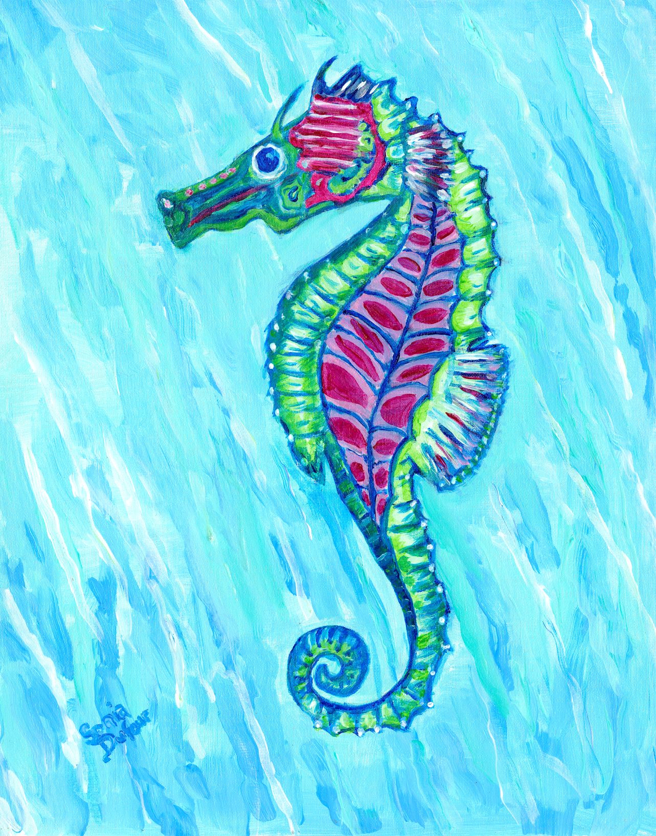 Floating — vibrant seahorse drifting through swirling aqua water